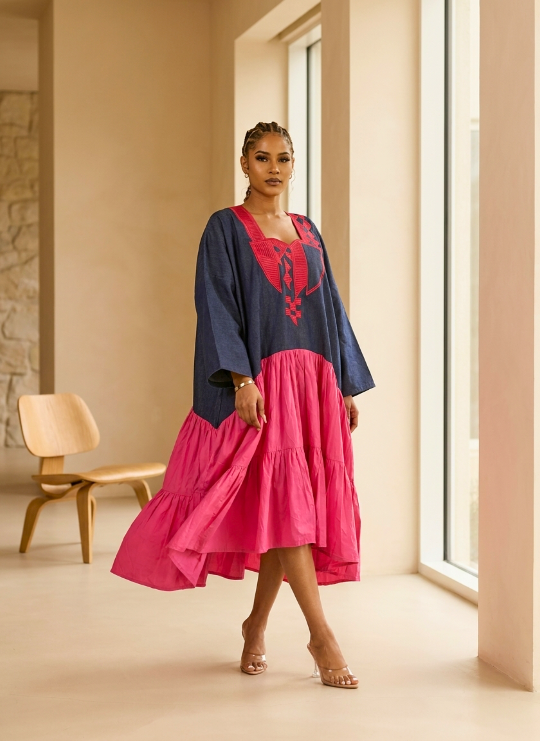 Denim Blue & Hot Pink Embroidered Kaftan Dress | Tiered