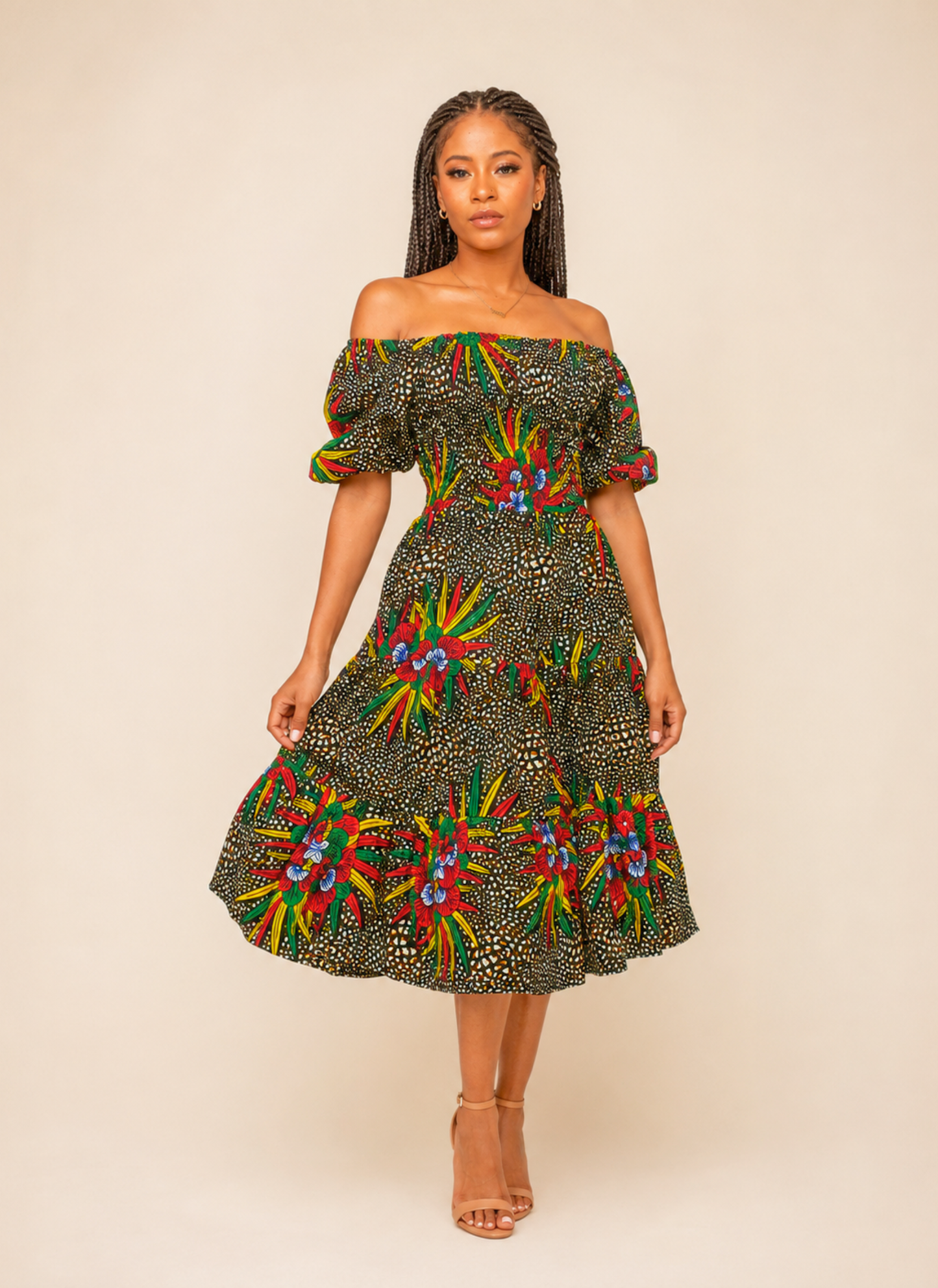 Omoni African Print Shirred Midi Dress