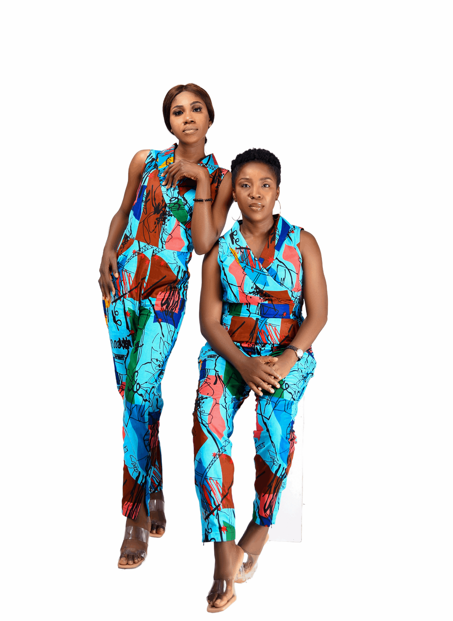 bold and colorful jumpsuit, semi-fitted jumpsuit, full length jumpsuit with ankle zips, comfortable and stylish jumpsuit, v-shaped collared neckline jumpsuit,