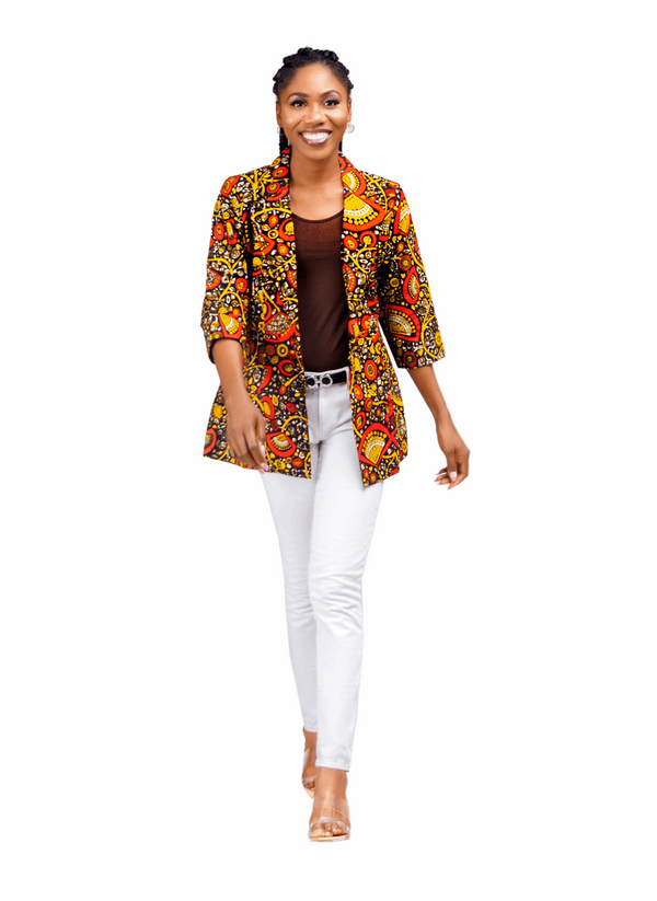 African print blazer, relaxed and sophisticated blazer, semi-fitted blazer for women, comfortable three quarter length sleeve blazer, button fastening blazer for every occasion,