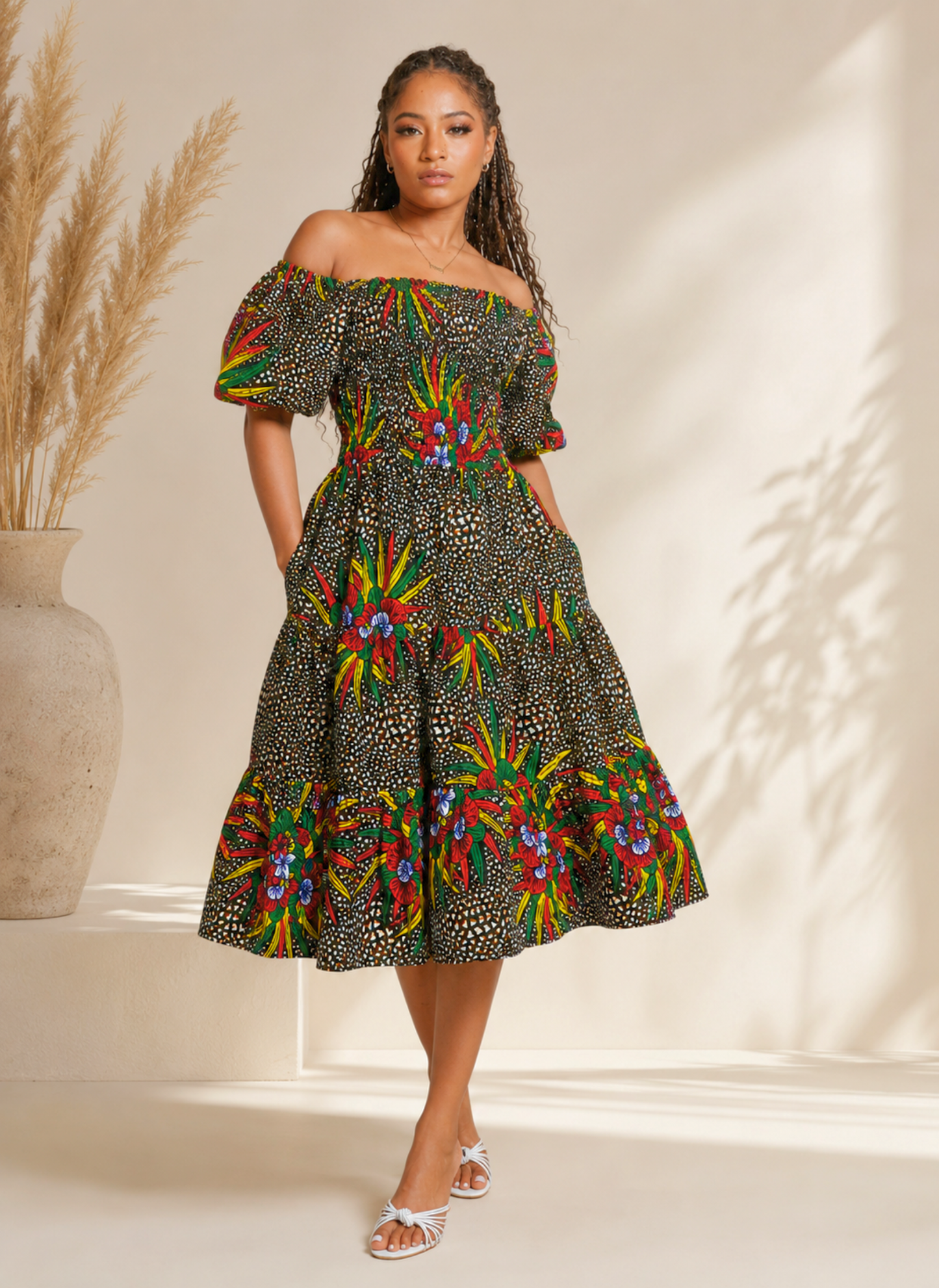 Omoni African Print Shirred Midi Dress
