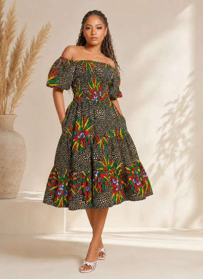 Omoni African Print Shirred Midi Dress