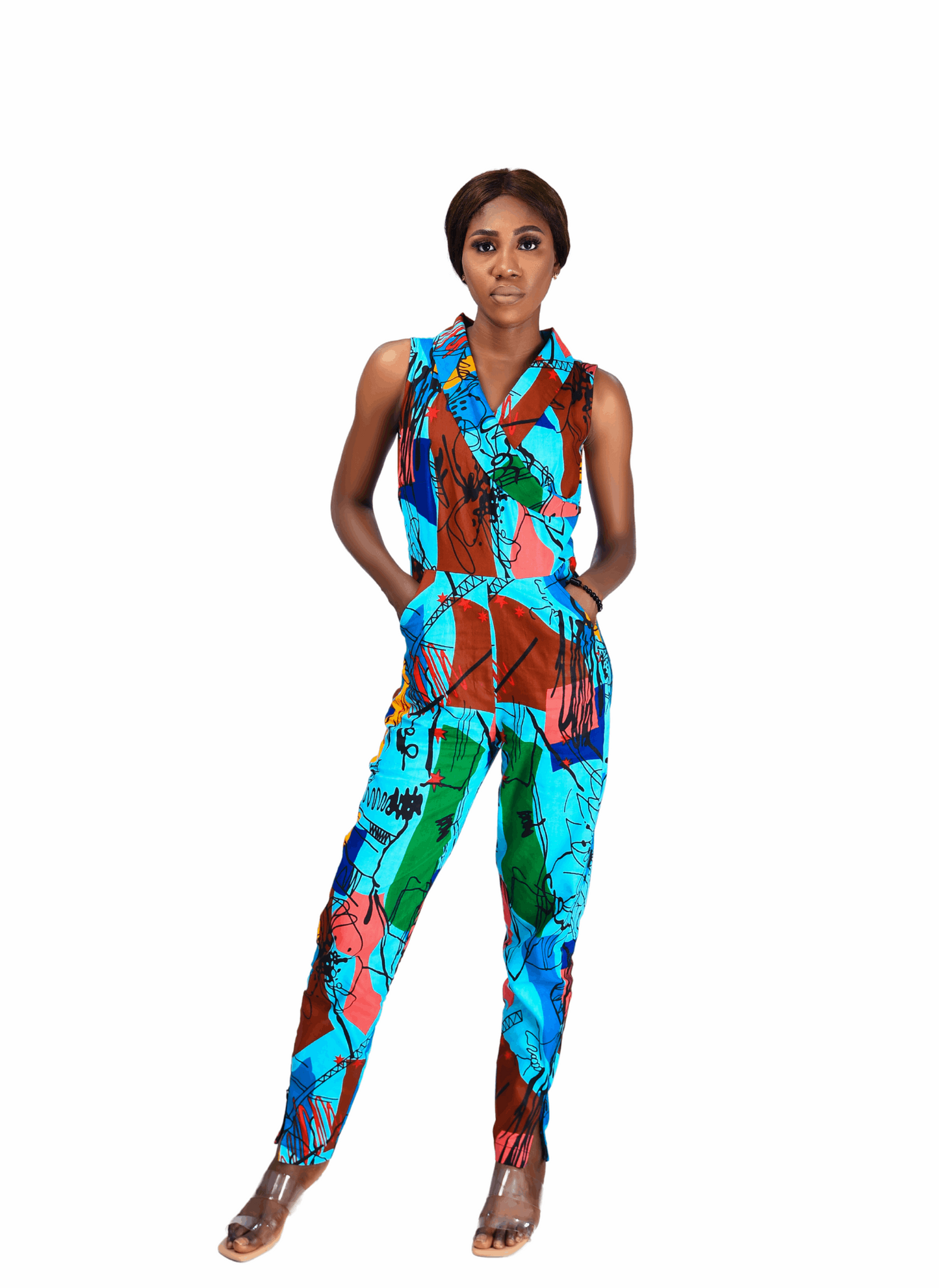 bold and colorful jumpsuit, semi-fitted jumpsuit, full length jumpsuit with ankle zips, comfortable and stylish jumpsuit, v-shaped collared neckline jumpsuit,  