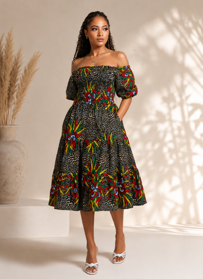 Omoni African Print Shirred Midi Dress