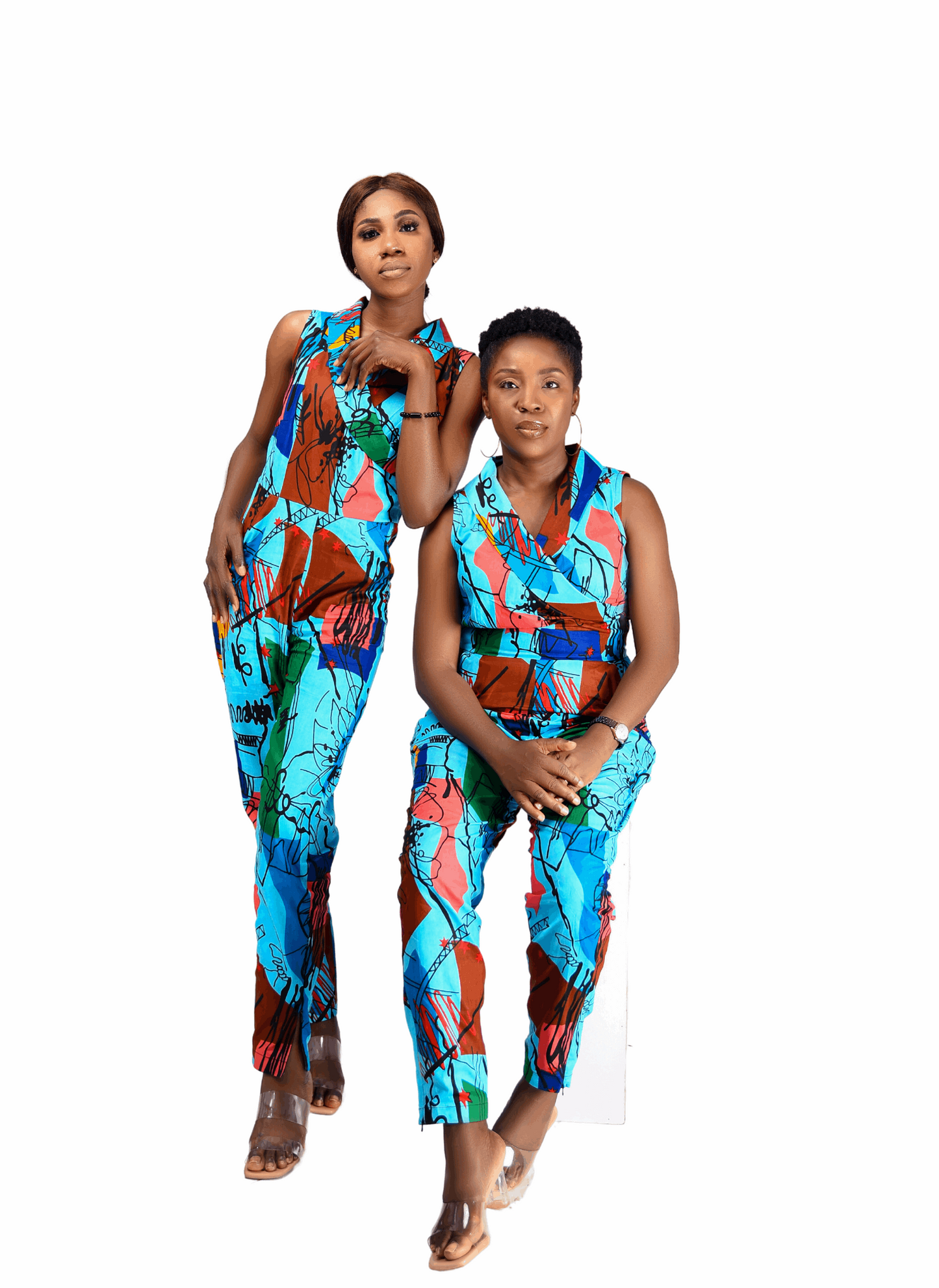 bold and colorful jumpsuit, semi-fitted jumpsuit, full length jumpsuit with ankle zips, comfortable and stylish jumpsuit, v-shaped collared neckline jumpsuit,  