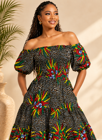 Omoni African Print Shirred Midi Dress