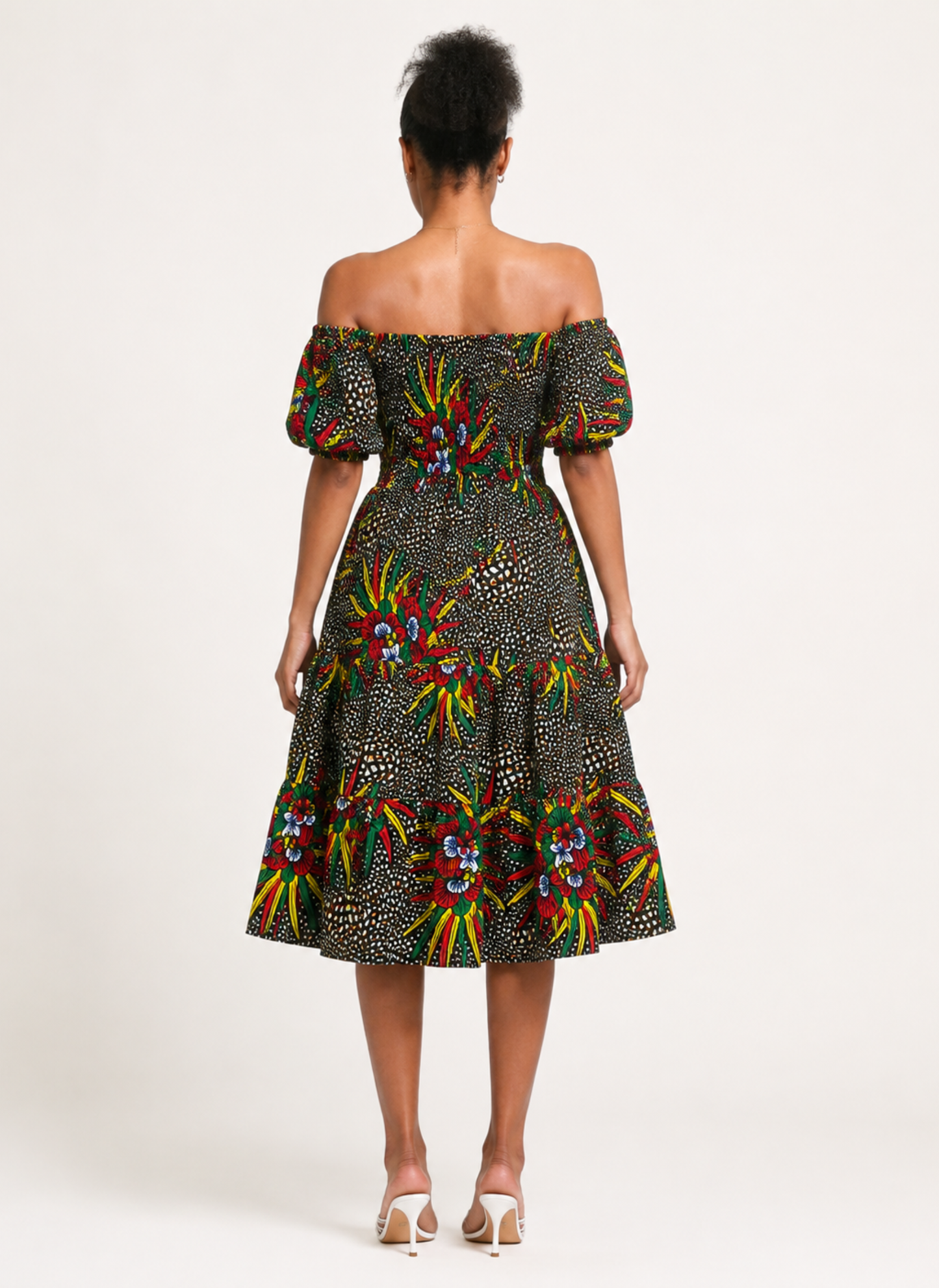 Omoni African Print Shirred Midi Dress