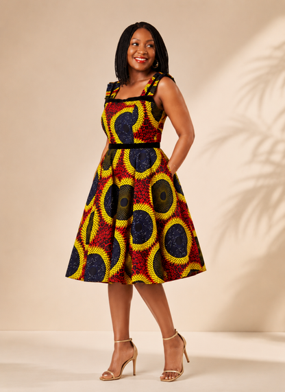 Ade African Print A-Line Dress – Black Ankara Midi