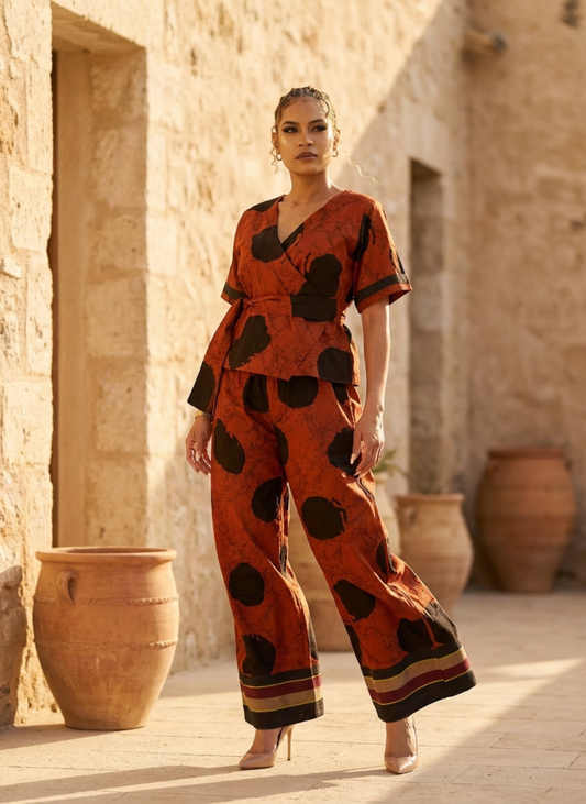 Woman wearing a red and black patterned outfit standing in a sunlit outdoor setting with stone walls and terracotta pots.