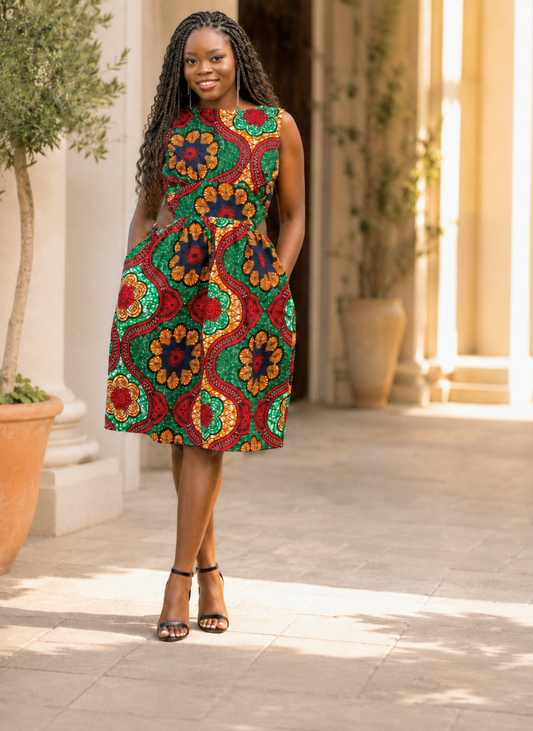 A woman wearing a sleeveless knee-length dress with a vibrant multicolor African wax print pattern, standing in a sunny outdoor corridor with columns and potted plants.