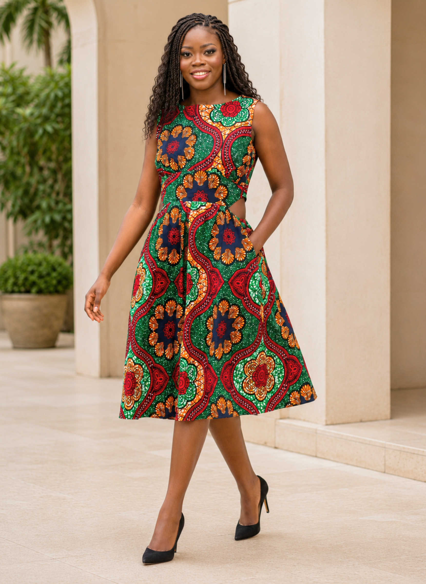 A woman modeling a sleeveless knee-length dress with a vibrant, multicolored African wax print featuring red, green, orange, and blue geometric patterns, standing in front of a beige stone colonnade.
