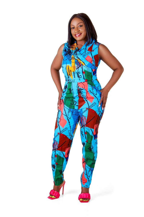 bold and colorful jumpsuit, semi-fitted jumpsuit, full length jumpsuit with ankle zips, comfortable and stylish jumpsuit, v-shaped collared neckline jumpsuit,  