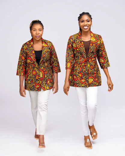 premium wax cotton clothing, fully lined African print blazer, versatile blazer for casual or formal wear, stylish and practical African print fashion.