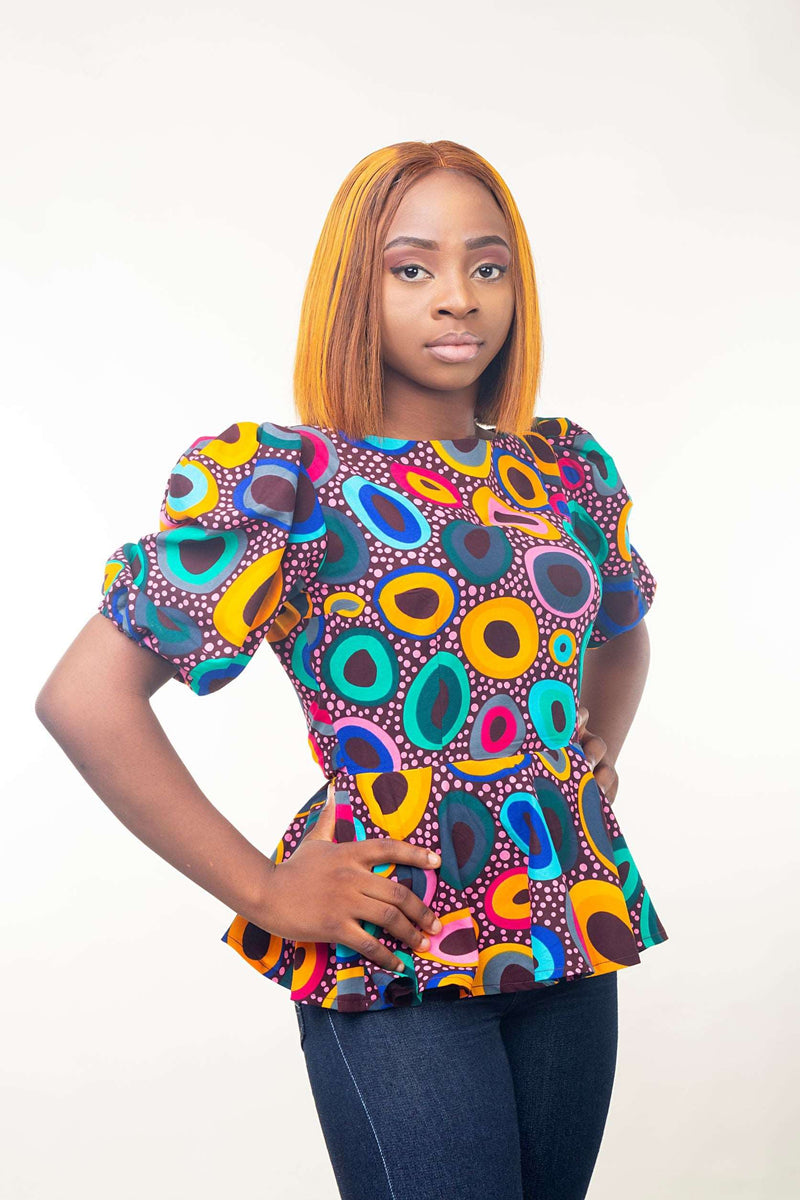 African print peplum top, Wax print blouse, Puff sleeve top, Belted peplum top, Nigerian fashion, African clothing for women