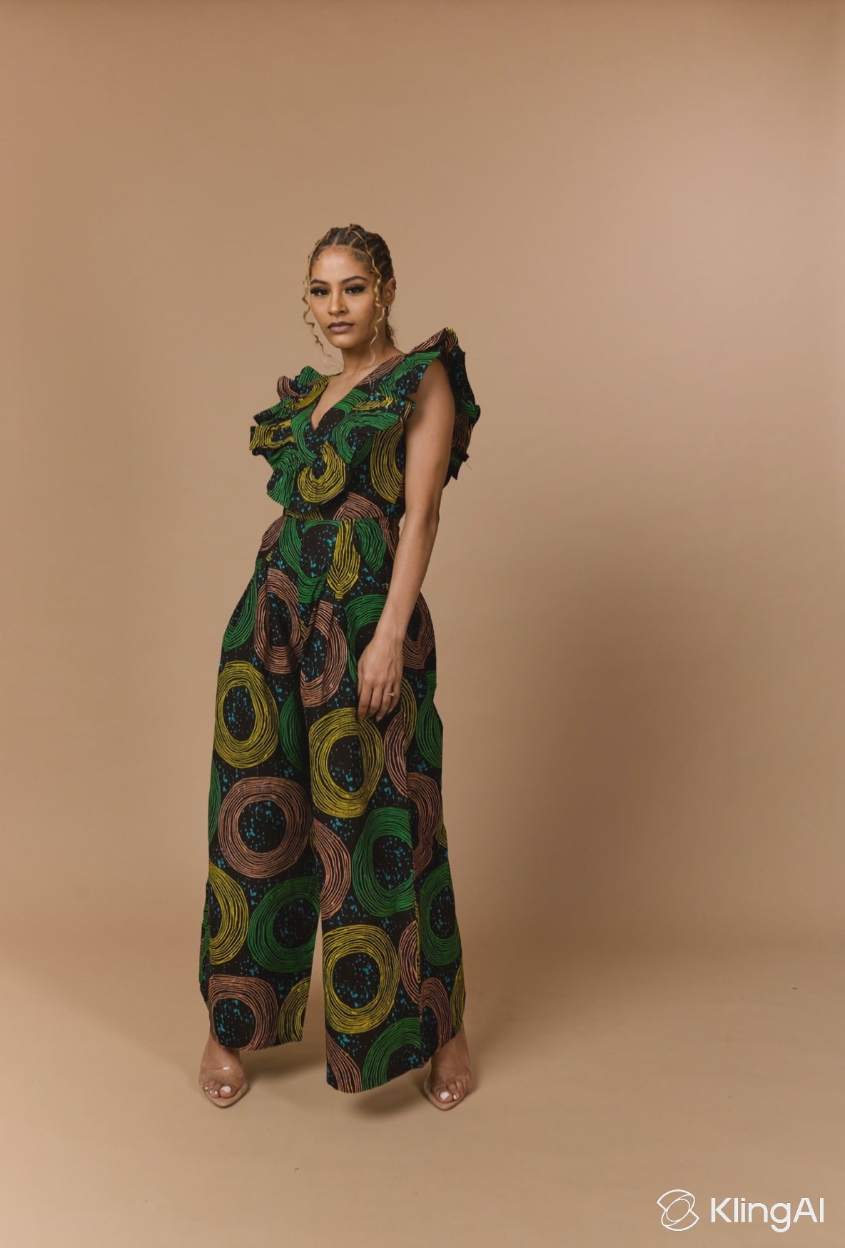 Side profile of a model walking in a luxury Ankara jumpsuit showcasing the architectural shoulder ruffle